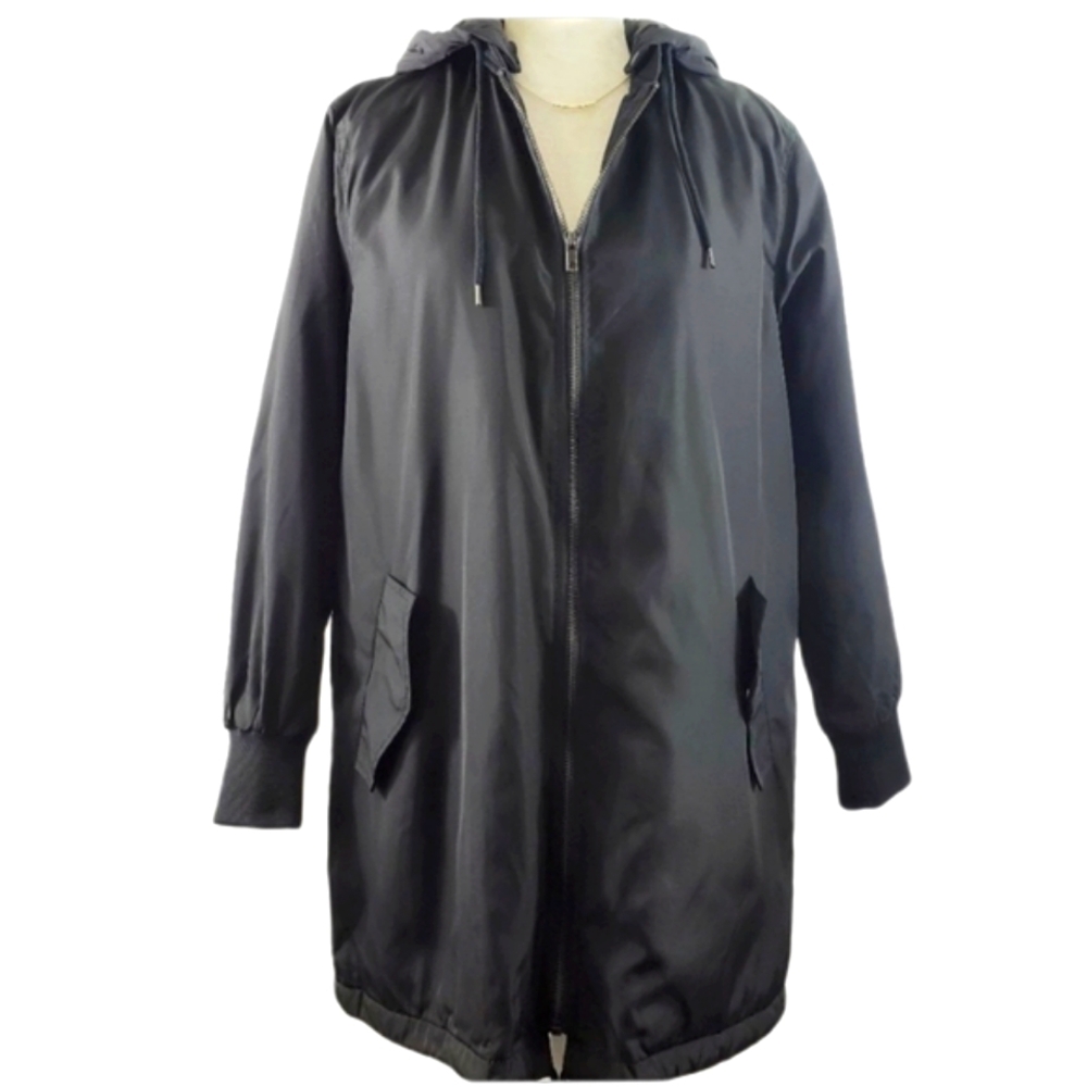 Forever 21 Long Line Black Jacket Size S Full Zip Hooded Lined‎ Trench Coat